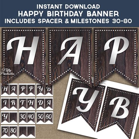 Check spelling or type a new query. Printable Mens Birthday Banner - Rustic Wood Silver