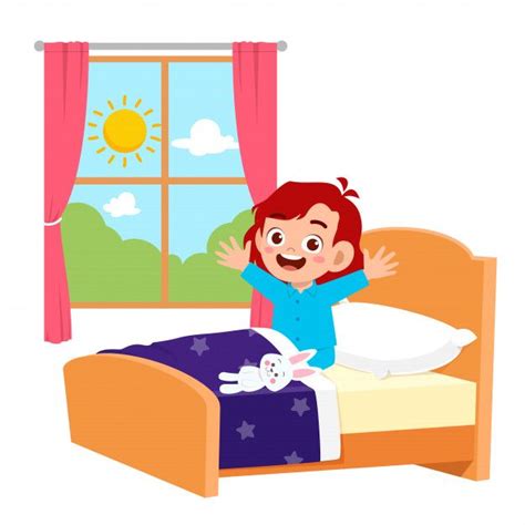 Premium Vector Happy Cute Little Kid Girl Wake Up In The Morning