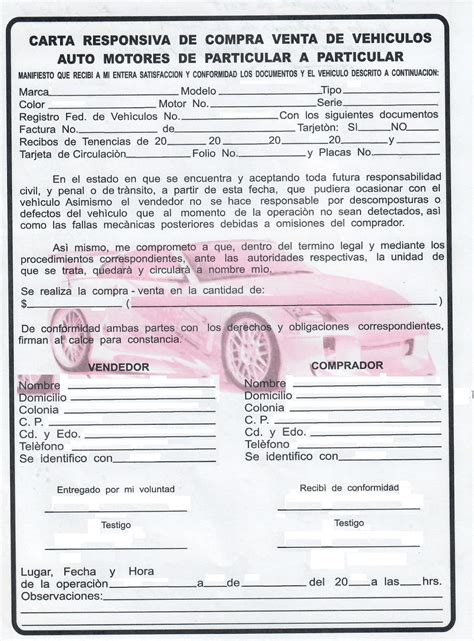 Formato De Carta Responsiva Compra Venta De Auto Pdf