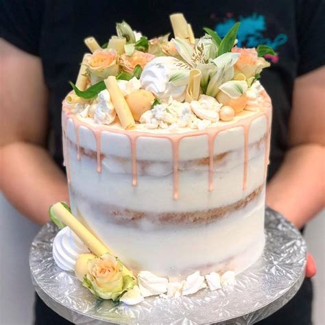 Naked Cake With Peach Drip And Fresh Flowers The Girl On The Swing