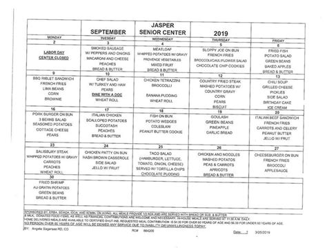 Senior Center September Menu And Calendar Jasper County Daily News