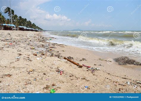 Low Angle View Image Of Empty Plastic Water Bottle On Dirty Beach Filled With Plastic Pollution