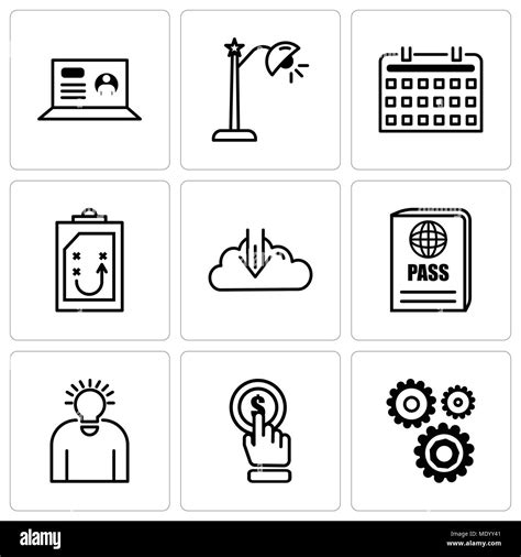 set of 9 simple editable icons such as settings click idea passport download document