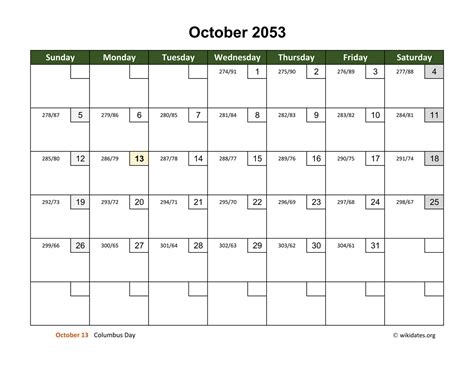 October 2053 Calendar With Day Numbers