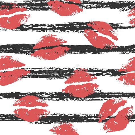 Beautiful Red Lips On A Background Of Black Stripes Seamless Pattern