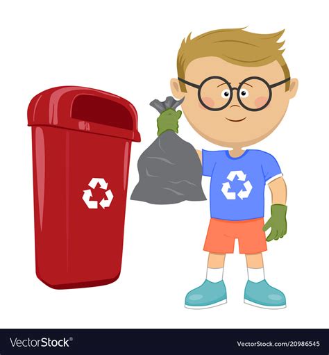 Boy Throwing Trash Bag In Recycle Bin Royalty Free Vector