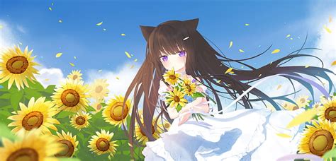 Cute Anime Girl Summer Dress Loli Sunflowers Animal Ears Purple