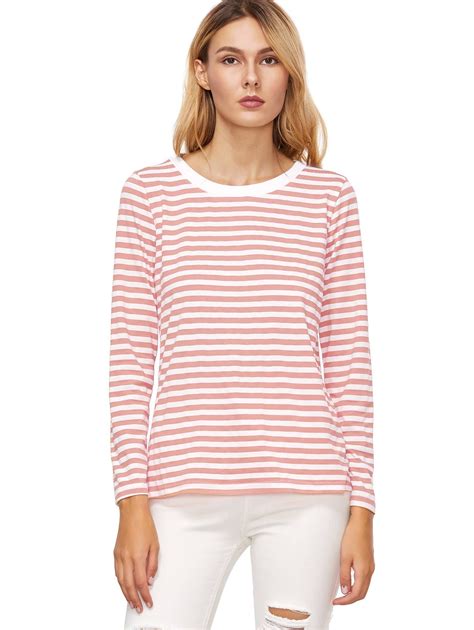 Pink Striped Long Sleeve T Shirt SheIn Sheinside