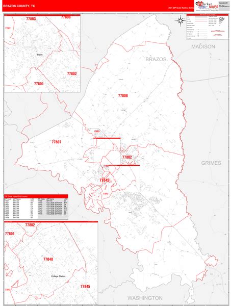 Brazos County Tx Zip Code Wall Map Red Line Style By Marketmaps Mapsales