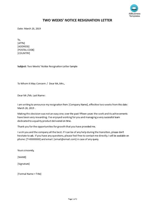 Two Weeks Notice Printable Resignation Letter Template Printable