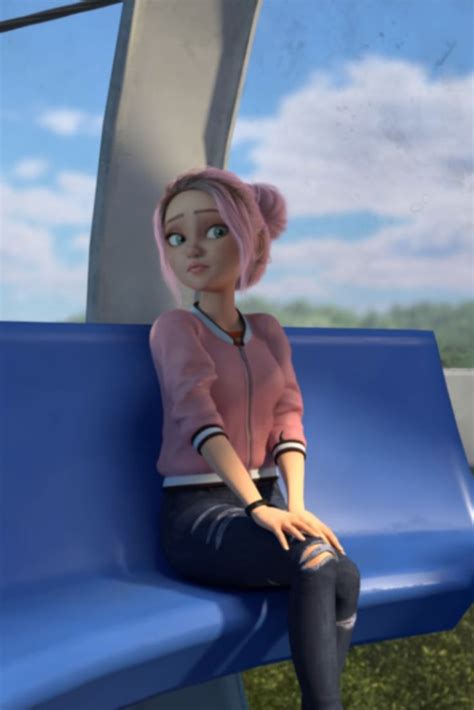 A Woman With Pink Hair Sitting On A Blue Bench