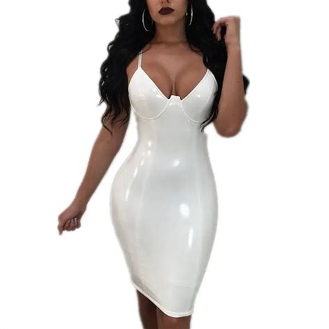 Sexy Womens Patent Leather Slim Bodycon Dress Women Faux Leather Wet Look Shiny V Neck Midi