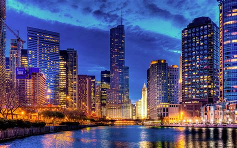 Chicago Illinois Usa Stadt Nacht Hochhaus Gebäude Fluss Lichter