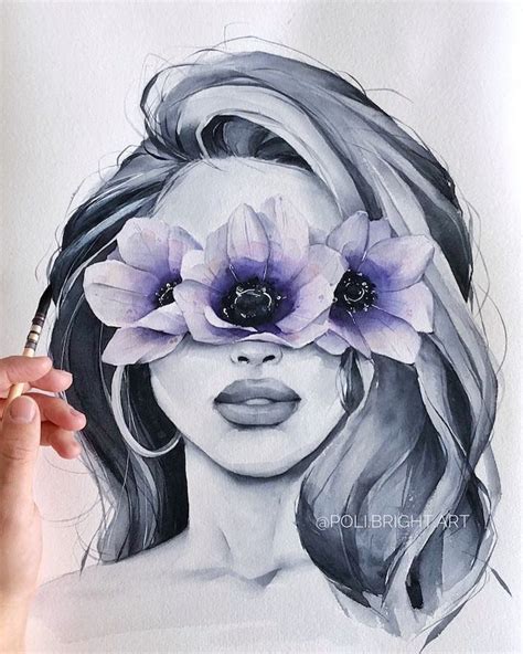 Black Haired Woman With Purple Flowers On Her Eyes Flower Doodles