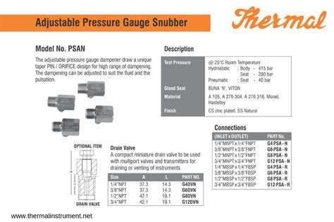 Adjustable Pressure Gauge Snubber Psan Thermal Instrument