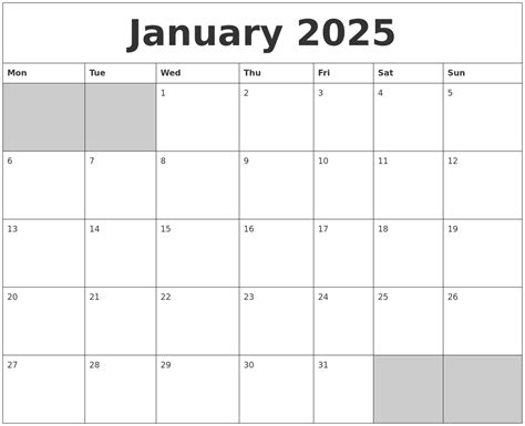 January 2025 Blank Printable Calendar