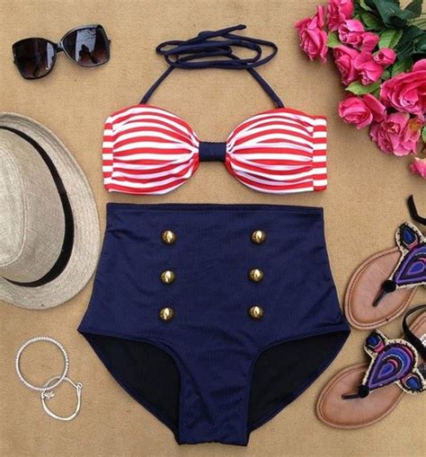 Swimwear Sailor Bikini Vintage Retro Striped Bikini Blue Red Blue Bikini High Waisted