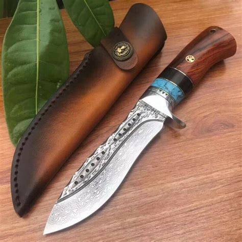 damascus survival outdoor camping hunting knife fixed blade turqoise w sheath