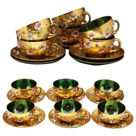 12pc Vintage Bohemian Czech Cup And Saucer Gilded Emerald Green Enameled Glass Glass Tea Cups