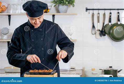 Portrait Handsome Professional Japanese Male Chef Wearing Black Uniform Hat Cooking Making