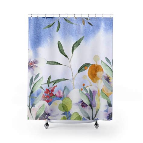 Blue And Watercolor Floral Shower Curtain Nature Botanical Etsy