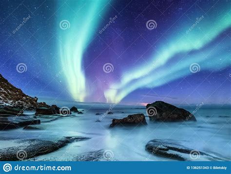 Aurora Borealis On The Lofoten Islands Norway Green Northern Lights