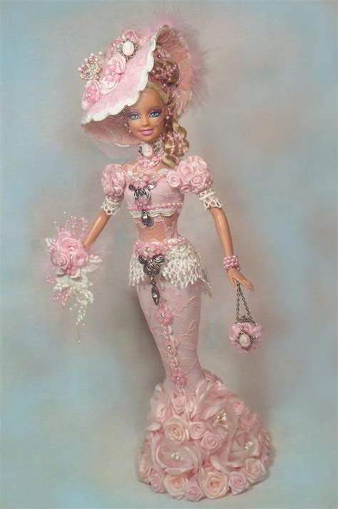 Barbie Victorian Bride 3 D Roses Gown Hat Cameo Pink Doll Altered Ooak