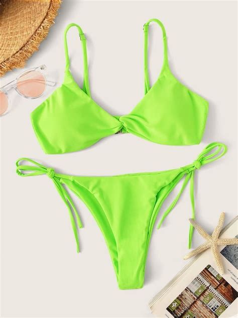 Neon Lime Twist Top With Tie Side Bikini SHEIN Side Tie Bikini