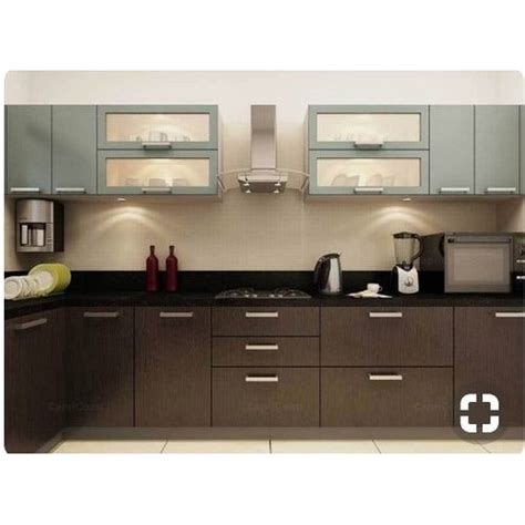Its tough outer coating allows it to resist various issues such as moisture, heat and stains. Particle Board L Shape Plain Modular Kitchen Cabinet, Rs ...