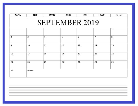 Blank September 2019 Calendar Printable Monthly Calendar Template