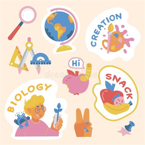 Set Of School Stickers Vector Biology Ruler Globe Creativity Stock