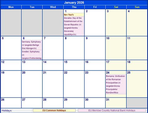January 2026 Eu Calendar With Holidays For Printing Image