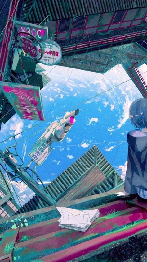 Wallpaper Anime School Girl Destruction Back View Sky Cityscape