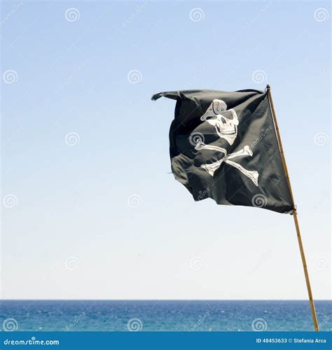 Pirate Flag Waving With Blue Sea Background Stock Image Image Of Hook