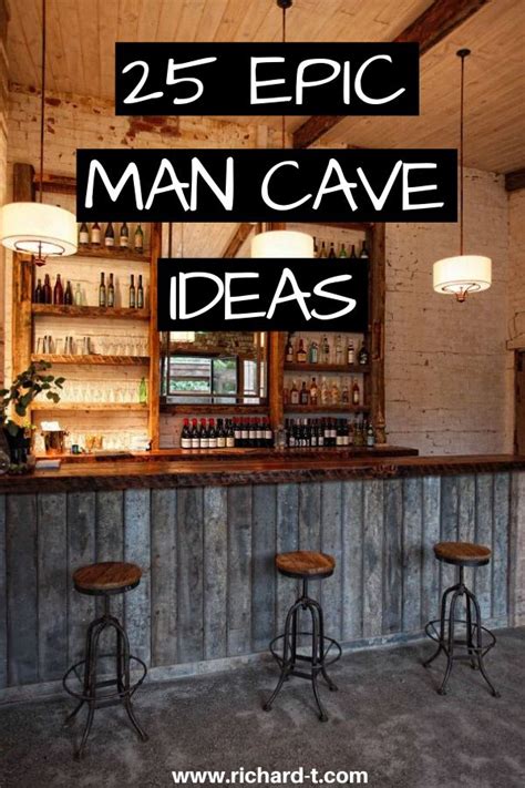 A Man Cave Bar With Three Stools And The Words 25 Epic Man Cave Ideas