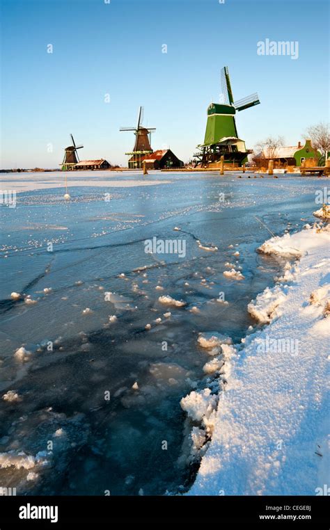 Dutch Winter Landscape With Old Windmills Zaanse Schans North Holland