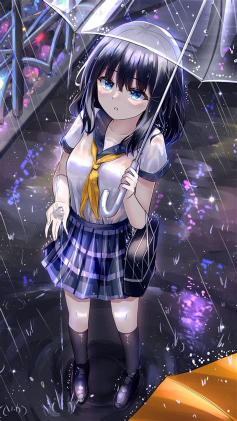 Download Wallpaper 720x1280 Girl Schoolgirl Umbrella Rain Anime