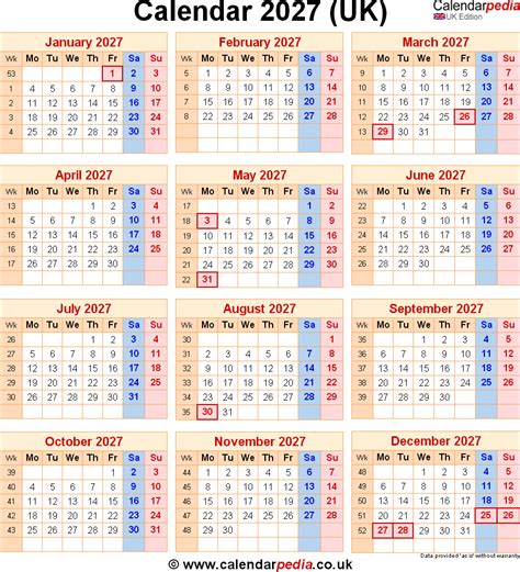 Calendar 2027 Uk With Bank Holidays And Week Numbers