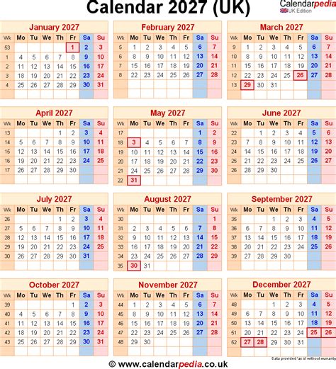 Kijk hier voor de kalender 2027. Calendar 2027 UK with bank holidays and week numbers