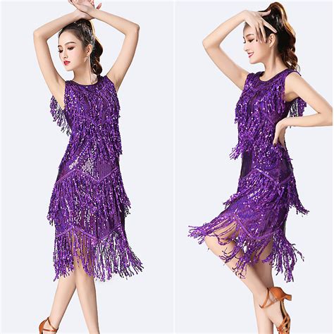 Latin Tango Samba Ballroom Dance Costume Dress Sequins Tassels Skirt Ebay
