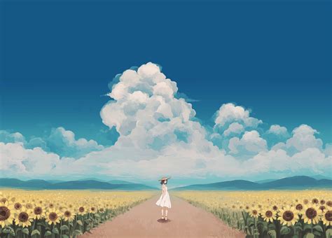 Sunflowers Anime Girls Dress Sky Clouds Original