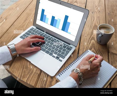 Businesswoman Hands Work On Laptop With Statistics Chart On Screen
