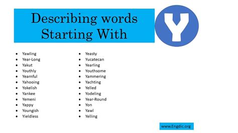 Describing Words That Start With Y Engdic