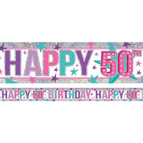 Holographic Happy 50th Birthday Pink Foil Banner