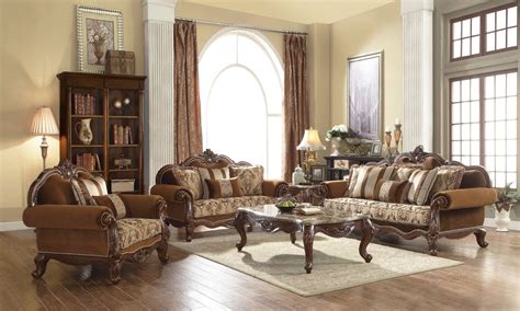 Traditional Brown Formal Living Room Furniture 2 Pc Sofa Set Carved