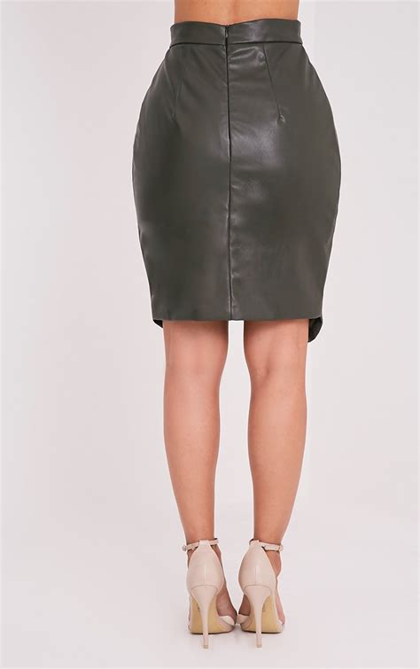 Greer Khaki Faux Leather Wrap Midi Skirt Skirts Prettylittlething Prettylittlething