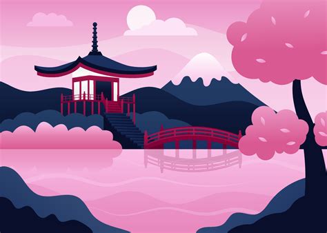 Japanese Landscape Landscape With Mount Fuji Japanese Pagoda Lake