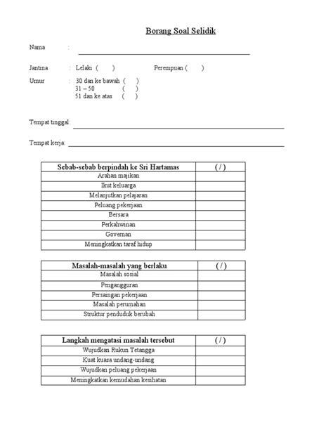 Contoh Borang Soal Selidik Umur  Borang Soal Selidik Pengangkutan