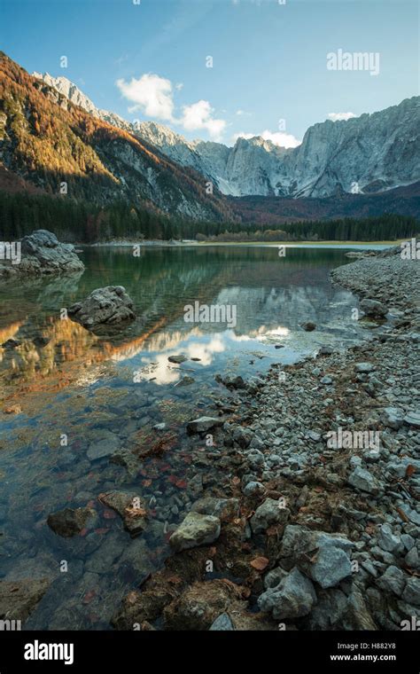 Autumn Afternoon At Upper Fusine Lake Udine Province Italy Stock