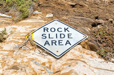 Close Up Of A Warning Sign For Rock Slide Area Stock Photo Image Of